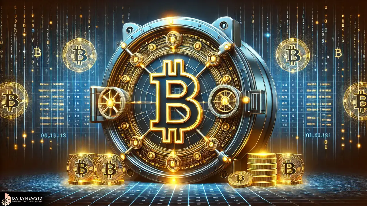 Simbol Bitcoin emas di depan grafik digital yang menunjukkan tren kenaikan harga