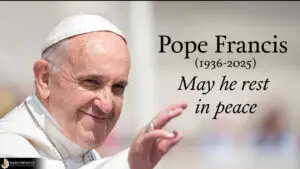 Potret Paus Fransiskus dengan tulisan "May he rest in peace"